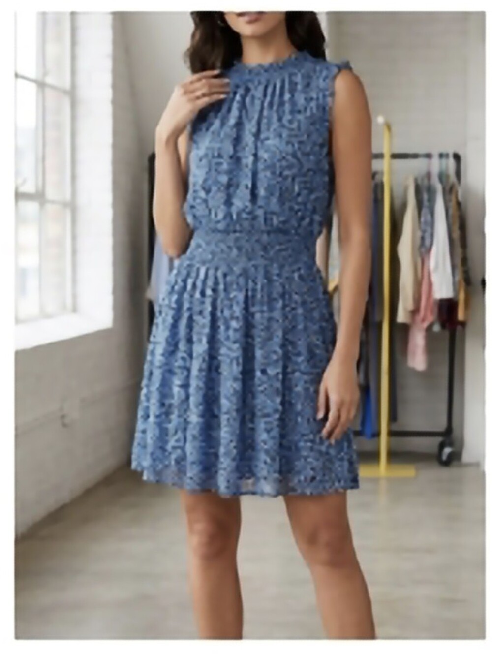 Studio West Navy Blue Floral Smocked Midi Dress